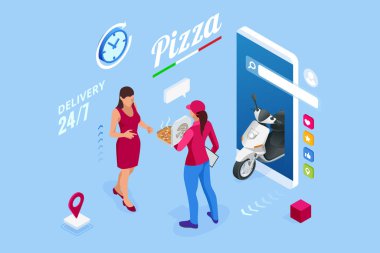 Isometric Çevrimiçi Pizza Siparişi mobil uygulama şablonları. Ücretsiz teslimat, Fast Food çevrimiçi dağıtım.