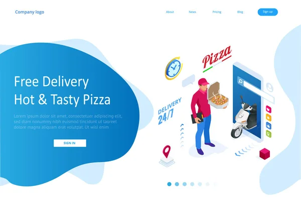 Isometric Online Pizza Ordem modelos de aplicativos móveis. Entrega gratuita, Fast food serviço online de entrega . — Vetor de Stock