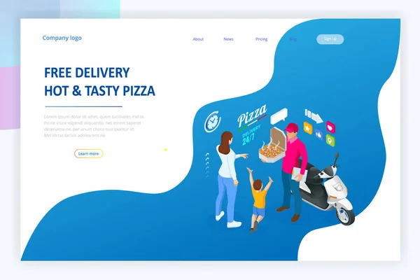 Izometrikus Online Pizza Rendeljen mobil alkalmazás sablonokat. Ingyenes szállítás, Gyors élelmiszer szállítás online szolgáltatás. — Stock Vector