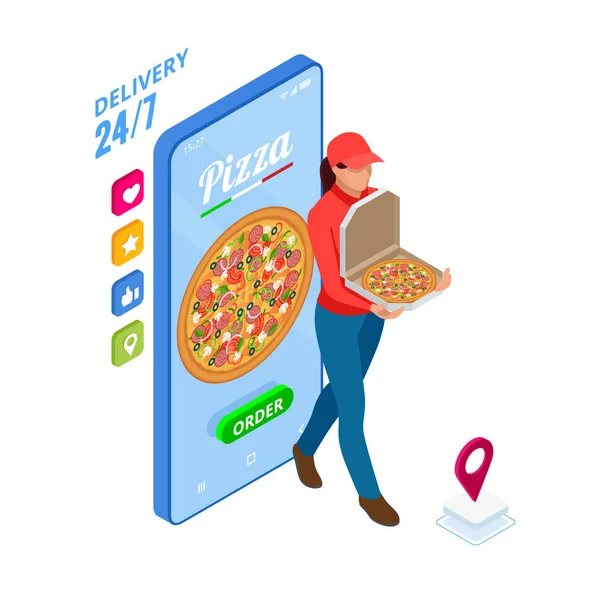 Isometric Online Pizza Commandez des modèles d'applications mobiles. Livraison gratuite, Courrier féminin, Service de livraison de restauration rapide en ligne . — Image vectorielle