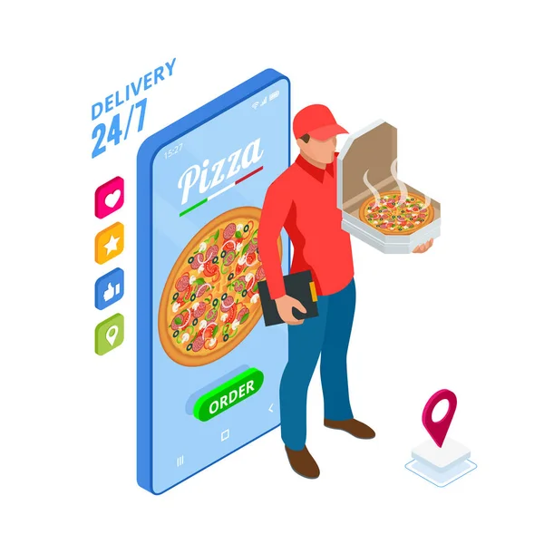 Isometric Online Pizza Commandez des modèles d'applications mobiles. Livraison gratuite, livraison de restauration rapide en ligne . — Image vectorielle