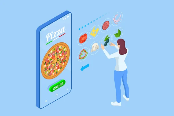 Isométrico Online Pizza Pedir plantillas de aplicaciones móviles. Entrega gratuita, Servicio de entrega de comida rápida en línea . — Archivo Imágenes Vectoriales