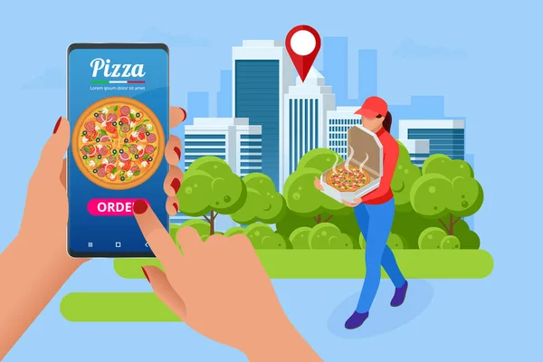 Isometrische Online Pizza Bestel mobiele app sjablonen. Gratis verzending, Snelle levering online service. — Stockvector