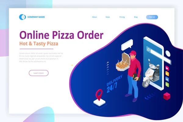 Izometrikus Online Pizza Rendeljen mobil alkalmazás sablonokat. Ingyenes szállítás, Gyors élelmiszer szállítás online szolgáltatás. — Stock Vector