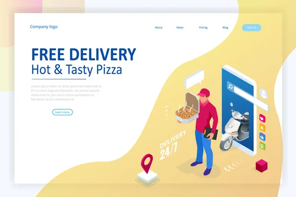 Isometric Online Pizza Order mobile app templates. Free delivery, Fast food delivery online service. — Stock Vector