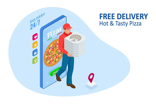 Isometrische Online Pizza Bestel mobiele app sjablonen. Gratis verzending, Snelle levering online service. — Stockvector