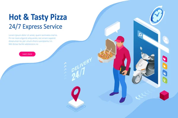 Izometrikus Online Pizza Rendeljen mobil alkalmazás sablonokat. Ingyenes szállítás, Gyors élelmiszer szállítás online szolgáltatás. — Stock Vector