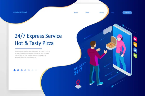 Izometrikus Online Pizza Rendeljen mobil alkalmazás sablonokat. Ingyenes szállítás, Gyors élelmiszer szállítás online szolgáltatás. — Stock Vector