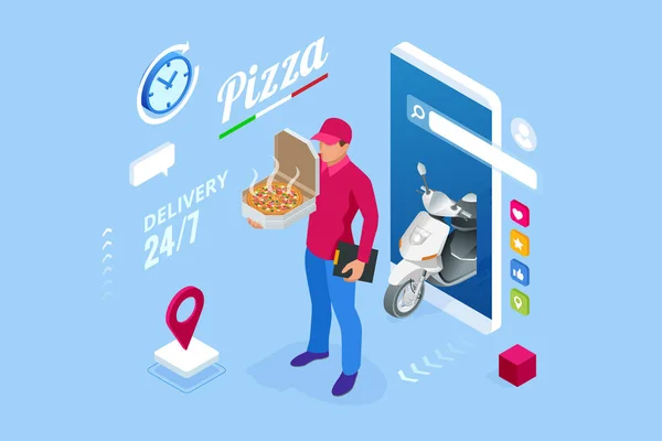 Isometric Online Pizza Zamów szablony aplikacji mobilnych. Darmowa dostawa, Szybka dostawa żywności online. — Wektor stockowy