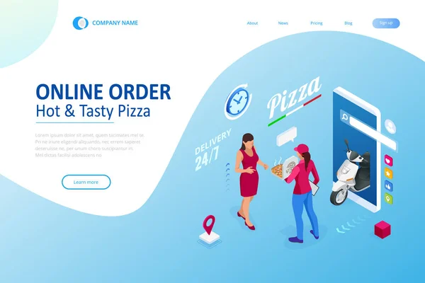 Isometric Online Pizza Order mobile app templates. Free delivery, Fast food delivery online service. — Stock Vector
