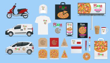 Pizzeria Cafe 'nin ya da Restoran' ın büyük simgeleri izole edilmiş. Pizza kutuları, yemek dağıtım arabası, ve motosiklet, kağıt paket..