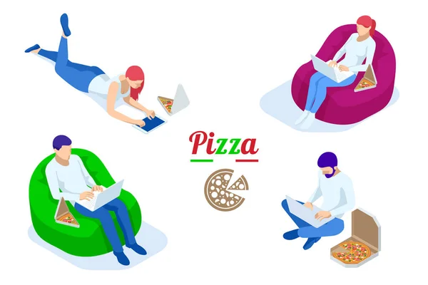 Isometrische Symbole von Freiberuflern, die Pizza essen und arbeiten, Büroarbeit und Fernarbeit. — Stockvektor