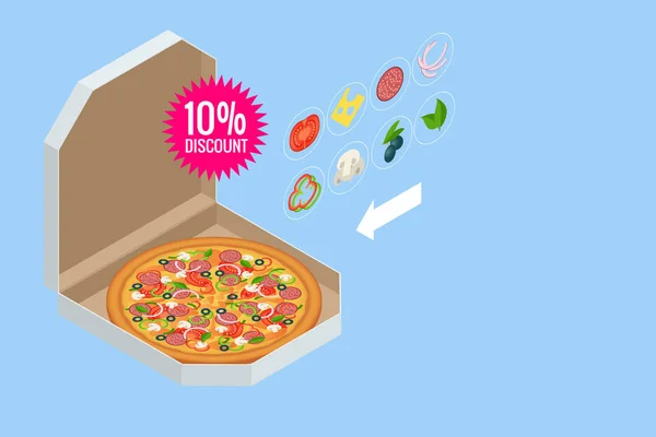 Izometrikus finom pizza hozzávalókkal és fűszerekkel. Egy szelet friss olasz klasszikus pizza elszigetelt fehér alapon. Hot Tasty Pizza, használt tervezés és márkaépítés. — Stock Vector