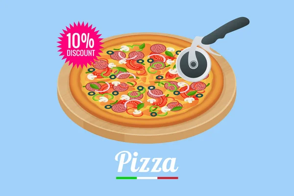 Izometryczna pyszna pizza ze składnikami i przyprawami. Kawałek świeżego włoskiego klasyka Pizza izolowane na białym tle. Hot Tasty Pizza, używane do projektowania i marki. — Wektor stockowy