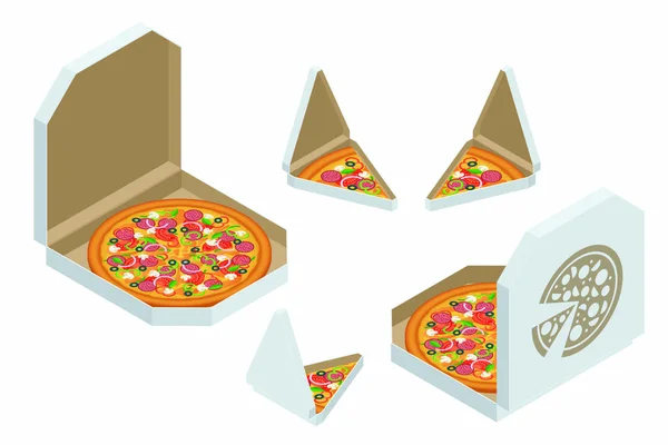 Izometrikus Pizza Háromszög Doboz szelet. Egy szelet friss olasz klasszikus pizza elszigetelt fehér alapon. Hot Tasty Pizza, használt tervezés és márkaépítés. — Stock Vector