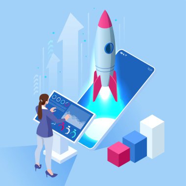 Isometric Business Start Up Concept. Startup technology concept with spaceship. Isometric design for business startup banner. Insurance infographic. clipart