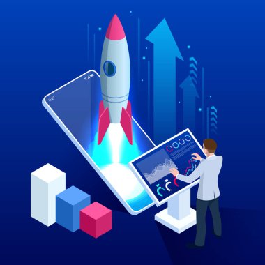 Isometric Business Start Concept. Uzay gemisiyle yeni teknoloji konsepti. Girişim afişi için Isometric tasarımı. Sigorta bilgileri.