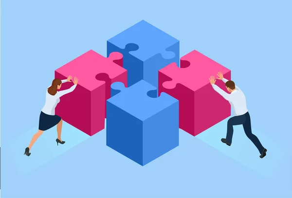 Persone isometriche che collegano elementi di puzzle. Lavoro di squadra, cooperazione, partenariato. Metafora del lavoro di squadra. Lavoro di squadra puzzle . — Vettoriale Stock