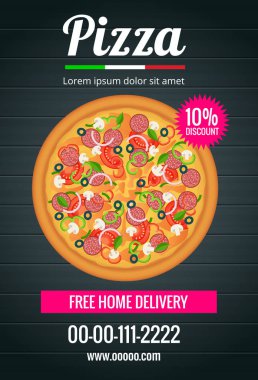 Pizza poster şablonu ve restoran illüstrasyonu için el ilanı, fast food şablonu. Pizza dükkanı ilanı..
