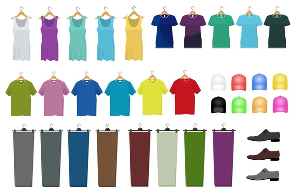 Conjunto de ropa masculina y femenina colgando de una percha. Estilo plano, ilustración. Ropa y accesorios iconos de la moda — Vector de stock
