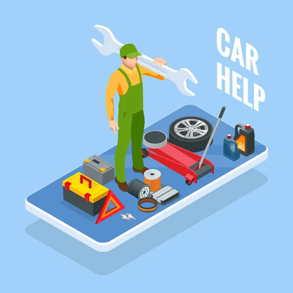 Asistencia en línea en carretera. Servicio de reparación de automóviles, accidente de tráfico, problemas de coche. Coches rotos y servicios de emergencia . — Vector de stock