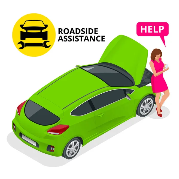 Online roadside assistance. Automobile repair service, Road accident, Car trouble. Broken Car and Emergency Services. — 스톡 벡터