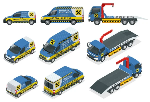 Online hulp langs de weg. Set sleepwagens voor transportstoringen en noodauto 's. Bijstand langs de weg — Stockvector