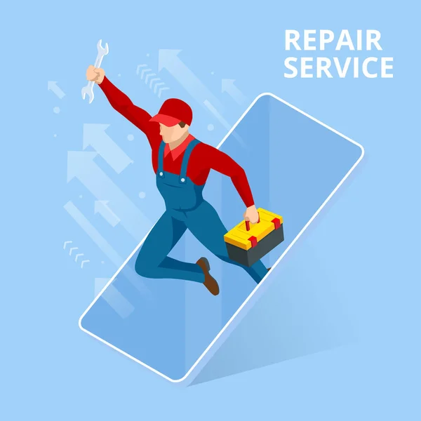 アイソメトリックホームの修理と更新サービス。ホームワークのマスターを呼び出します。機械式または電子式のサービスコンセプト。修理工のキャラクター. — ストックベクタ