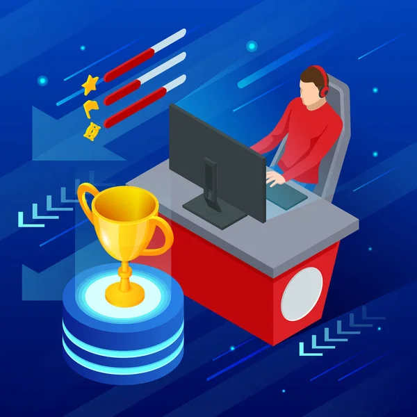 Cybersport isométrique ou sports électroniques, sports électroniques ou sports électroniques, compétition sportive utilisant des jeux vidéo. Concours de jeux vidéo multijoueurs organisés . — Image vectorielle