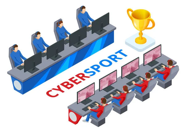 Isométrico Cybersport o Electronic Sports, E-sports, o eSports, competición deportiva utilizando videojuegos. Concursos de videojuegos multijugador organizados . — Archivo Imágenes Vectoriales