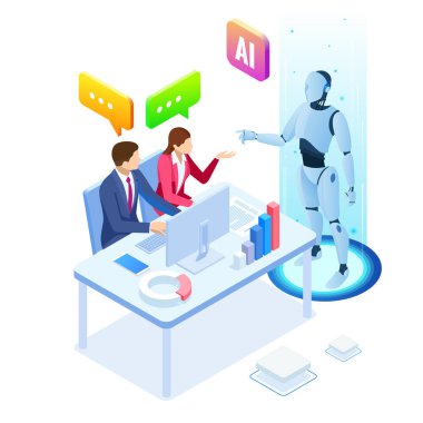 Robot yapay zekaya sahip Isometric adam ve kadın çalışıyor, robot sanal ekranla çalışıyor. Rpa, yapay zeka, robotik işlem otomasyonu