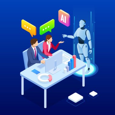 Robot yapay zekaya sahip Isometric adam ve kadın çalışıyor, robot sanal ekranla çalışıyor. Rpa, yapay zeka, robotik işlem otomasyonu