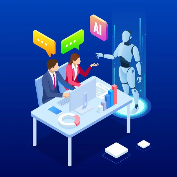 Isometric man and woman with robot artificial intelligence working , robot working with virtual display. RPA, artificial intelligence, robotics process automation — 스톡 벡터