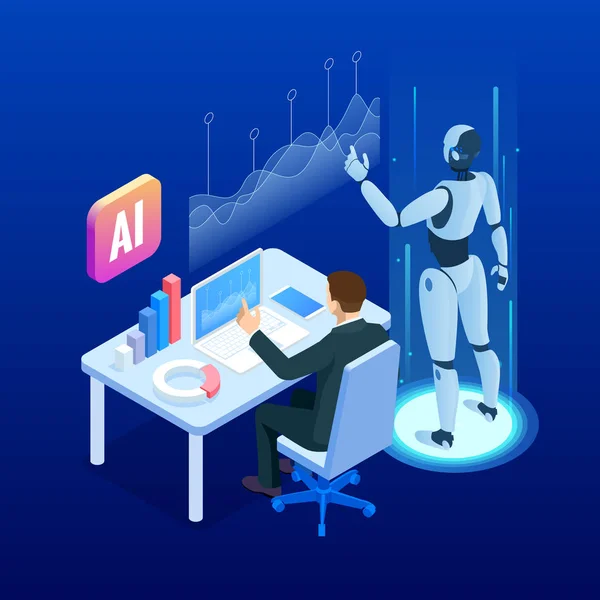 Isometric man and woman with robot artificial intelligence working , robot working with virtual display. RPA, artificial intelligence, robotics process automation — Stock Vector