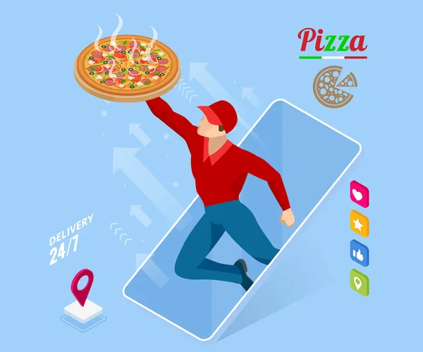 Concept de commerce électronique commander des aliments en ligne site. Service de livraison de pizza Fast Food en ligne. Illustration vectorielle isométrique plate. Peut être utilisé pour la publicité, l'infographie, le jeu ou les applications mobiles icône . — Image vectorielle