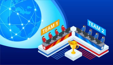 Isometric Cybersports yarışması. Oyuncularla Cybersport arenası. Oyuncuya karşı oyuncu formatında çevrimiçi oyun turnuvası. Kazanan kupayla siber spor yarışması.