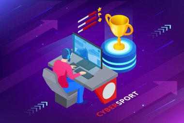 Isometric Cybersports yarışması. Oyuncularla Cybersport arenası. Oyuncuya karşı oyuncu formatında çevrimiçi oyun turnuvası. Kazanan kupayla siber spor yarışması.