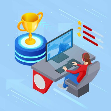 Isometric Cybersports yarışması. Oyuncularla Cybersport arenası. Oyuncuya karşı oyuncu formatında çevrimiçi oyun turnuvası. Kazanan kupayla siber spor yarışması.