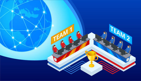 Isometric Cybersports competition. Cybersport arena with gamers. Online game tournament in player vs player format. Cybersport competition with winner cup.