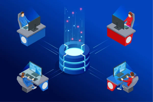 Isométrica competencia de Ciberdeportes. Cybersport arena con los jugadores. Torneo de juego en línea en formato jugador vs jugador. Cybersport competición con copa ganadora . — Archivo Imágenes Vectoriales