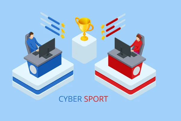 Isometrische Cybersport competitie. Cybersport arena met gamers. Online game toernooi in speler vs speler formaat. Cybersport competitie met winnaar cup. — Stockvector