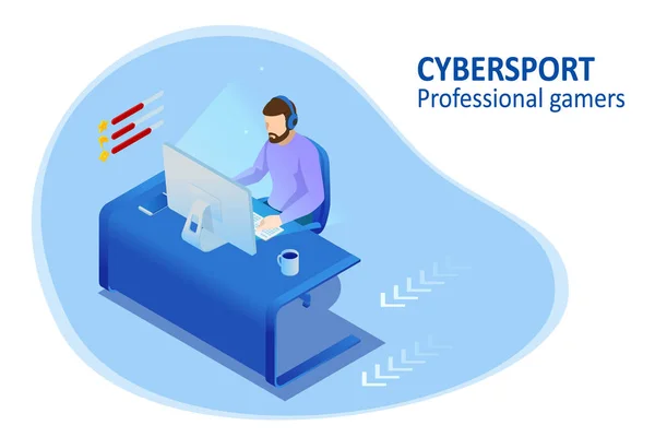 Isometric Cybersports yarışması. Oyuncularla Cybersport arenası. Oyuncuya karşı oyuncu formatında çevrimiçi oyun turnuvası. Kazanan kupayla siber spor yarışması. — Stok Vektör