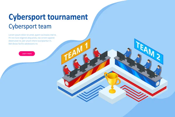 Isometrische Cybersport competitie. Cybersport arena met gamers. Online game toernooi in speler vs speler formaat. Cybersport competitie met winnaar cup. — Stockvector