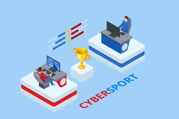 Ισομετρικός διαγωνισμός Cybersports. Cybersport αρένα με παίκτες. Online τουρνουά παιχνιδιού σε μορφή παίκτη εναντίον παίκτη. Διαγωνισμός Cybersport με κύπελλο νικητής. — Διανυσματικό Αρχείο