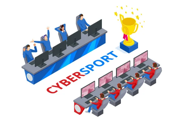 Isometric Cybersports yarışması. Oyuncularla Cybersport arenası. Oyuncuya karşı oyuncu formatında çevrimiçi oyun turnuvası. Kazanan kupayla siber spor yarışması. — Stok Vektör
