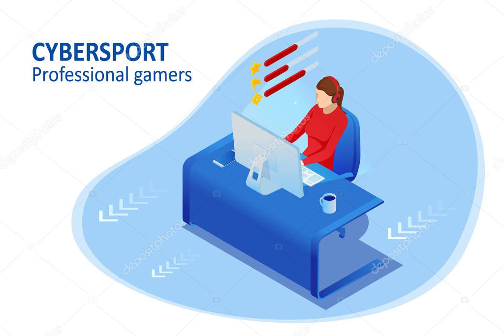 Isometric Cybersports competition. Cybersport arena with gamers. Online game tournament in player vs player format. Cybersport competition with winner cup.