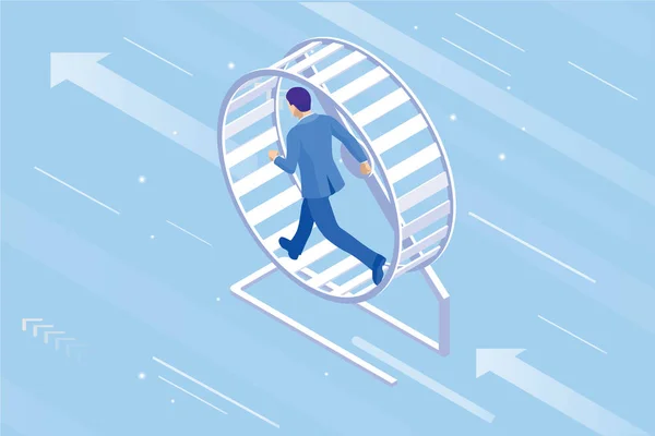 Isometric businessman running in a hamster wheel. The business as hard work, motivation and success concept. — Stock Vector