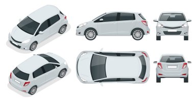 Alt kompakt hatchback araba. Küçük Melez Araç. Çevre dostu yüksek teknolojili otomobil. Renk değişikliği kolay. Beyaz görünümde izole edilmiş şablon Önde, arkada, yanda, üstte ve izometrik