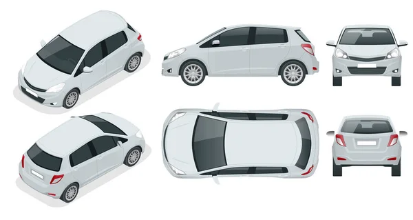 Coche hatchback subcompacto. Vehículo híbrido compacto. Eco-friendly hi-tech auto. Fácil cambio de color. Plantilla aislada en blanco Vista frontal, trasera, lateral, superior e isométrica — Vector de stock