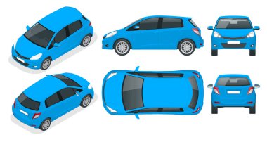 Küçük mavi hatchback araba. Küçük Melez Araç. Çevre dostu yüksek teknolojili otomobil. Renk değişikliği kolay. Beyaz görünümde izole edilmiş şablon ön, arka, yan, üst ve izometrik
